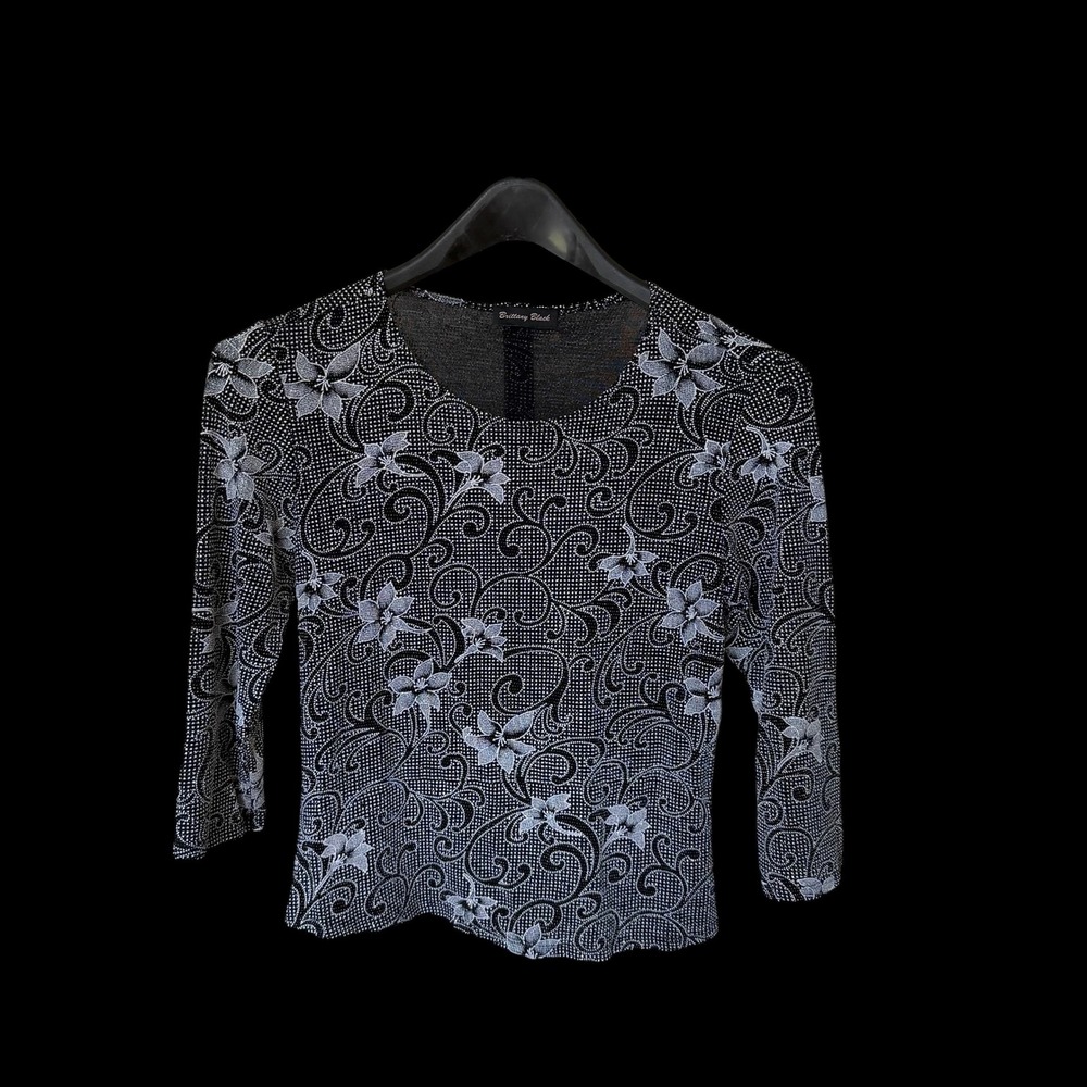 Y2K Brittany‎ Black Floral Embellishment 3/4 Sleeve Knit Top Black White